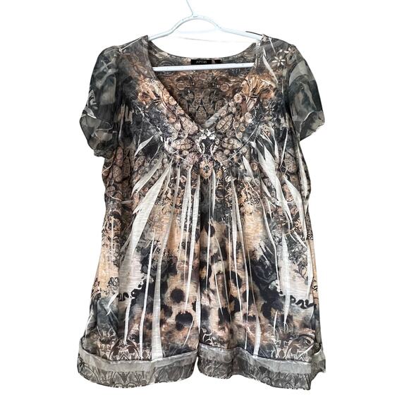 Apt. 9 Black / Brown / Gray V-Neck Short Sleeve Blouse Size 1X - Picture 1 of 9